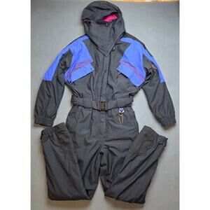 Vtg 80s 90s Slalom Ski Suit Hooded Size 12 One Piece Snowsuit Bib Retro Thermal